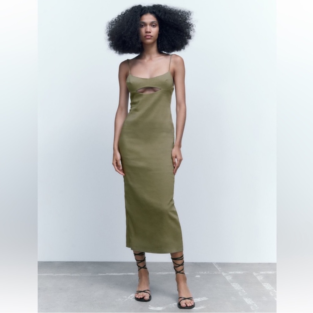 Zara Linen Blend Cut Out Midi Dress